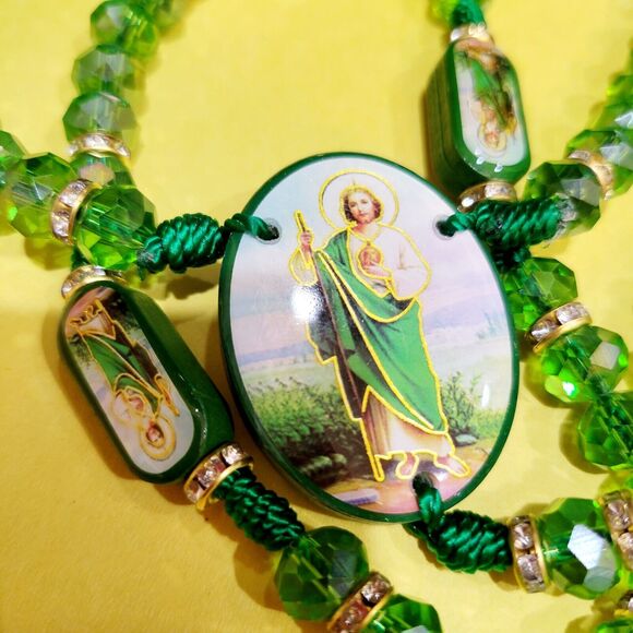 San Judas Tadeo Rosario Necklace crystal beads Rosary Saint Jude 10mm 2 sided - Picture 7 of 12